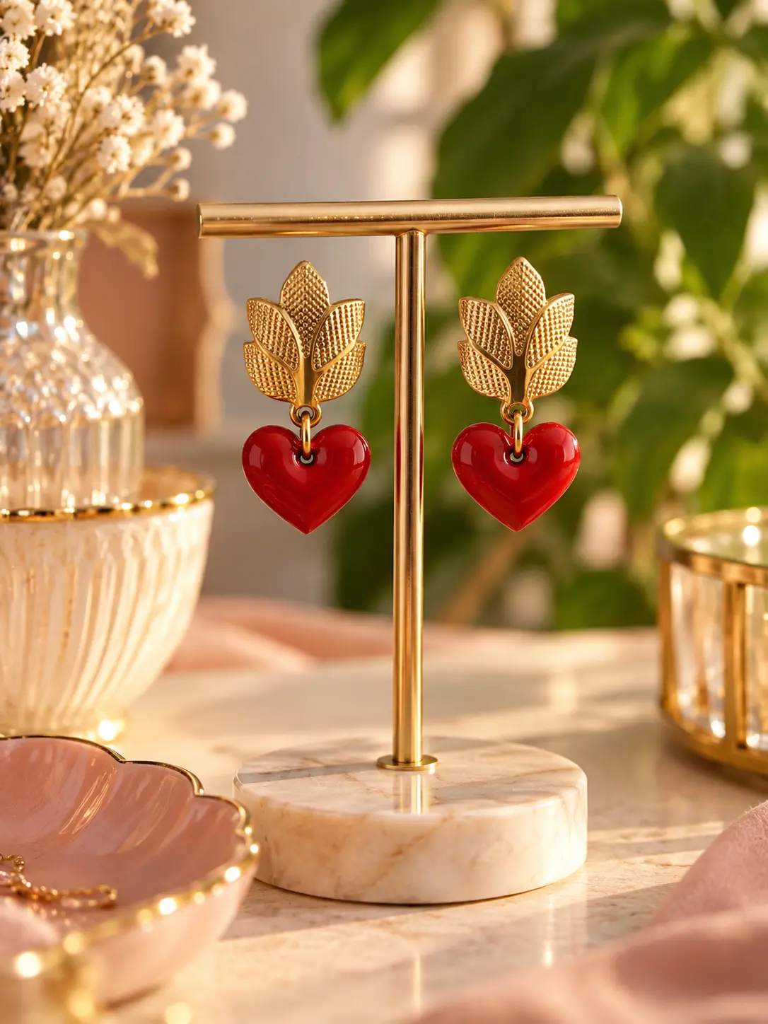 Boucles d'oreilles Cœur Rouge & Feuillage faites main par Camille Fraise