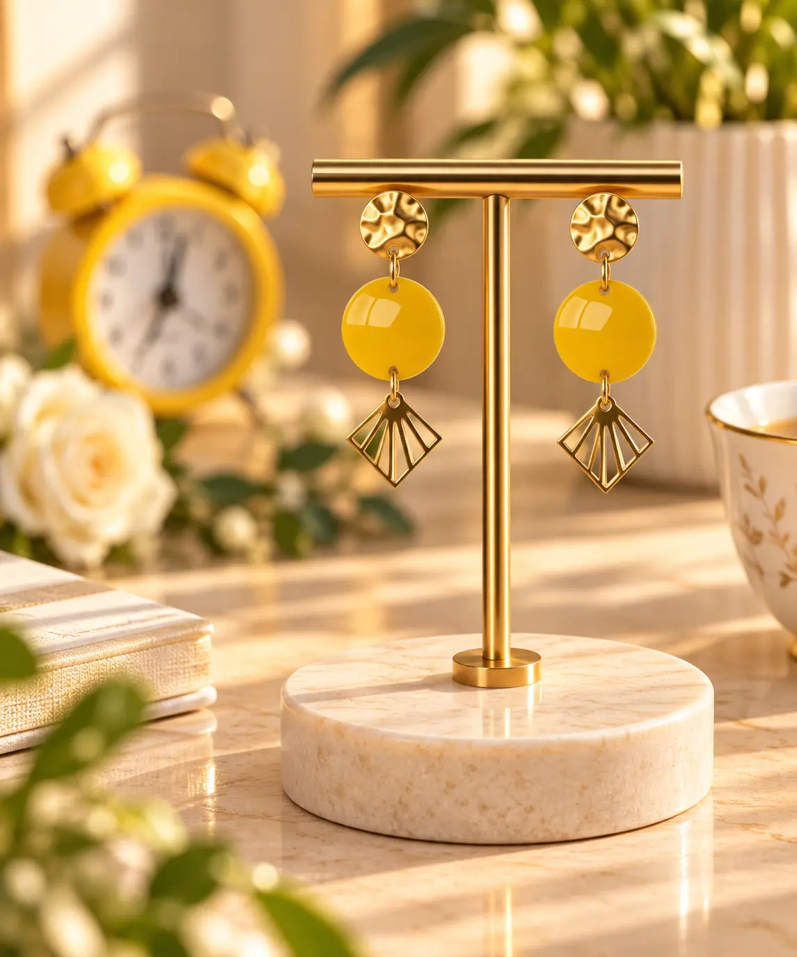 Boucles d'oreilles Soleil Jaune & Éventail faites main par Camille Fraise