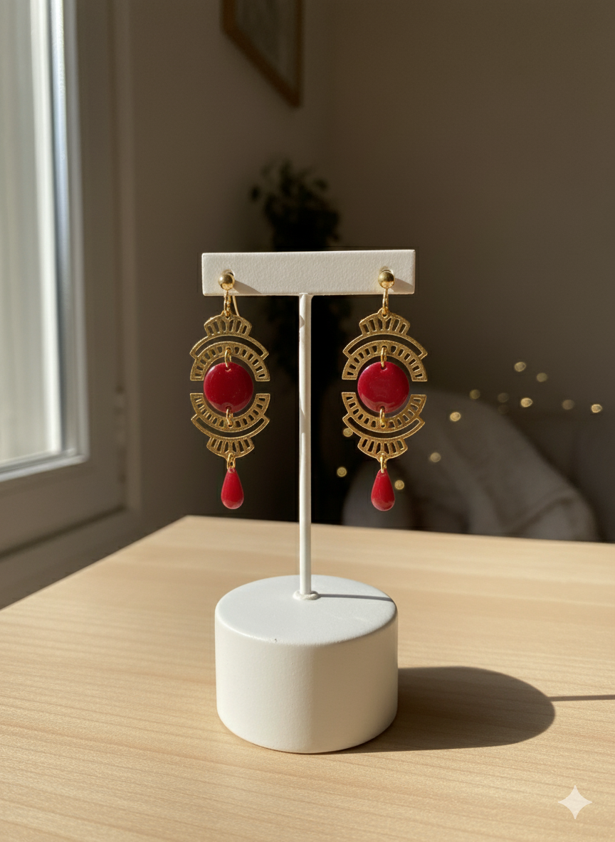 Boucles d'oreilles Arches Rouges dorées avec disque et goutte en émail rouge, faites main par Camille Fraise