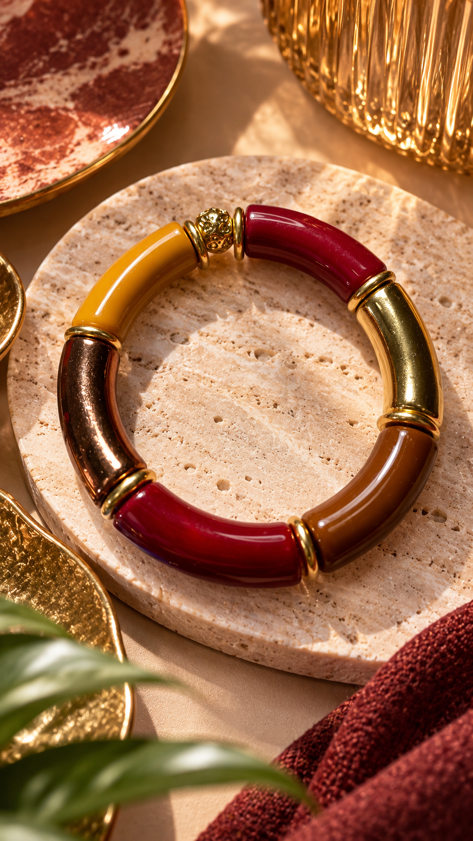 Bracelet Bordeaux & Moutarde grand modèle, bijou fantaisie Alkemia fait main à Lyon