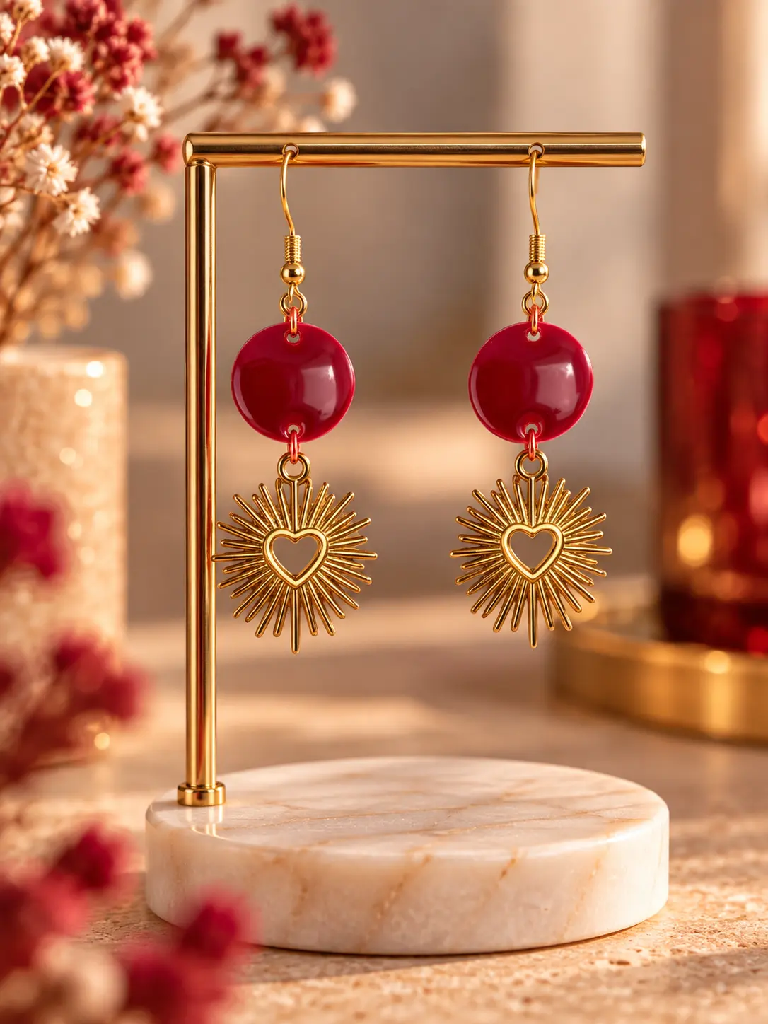 Boucles d'oreilles Soleil Cœur Bordeaux faites main par Camille Fraise