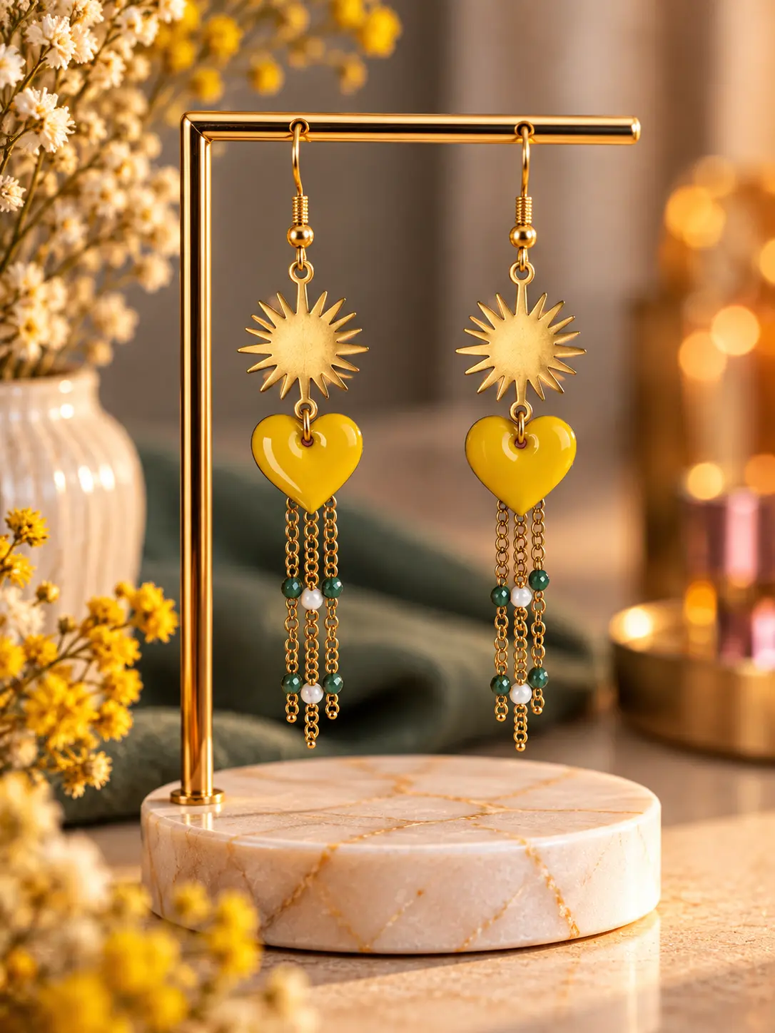 Boucles d'oreilles Soleil Cœur Jaune faites main par Camille Fraise