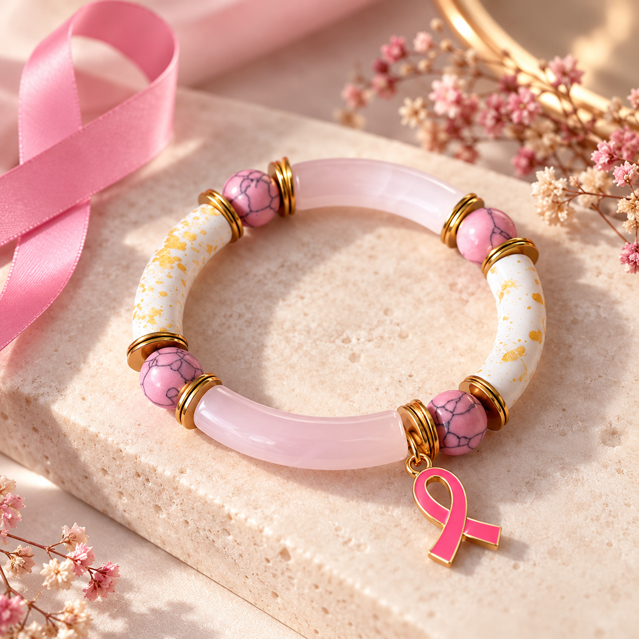 Petit bracelet Octobre Rose blanc, or et rose avec ruban rose, Alkemia