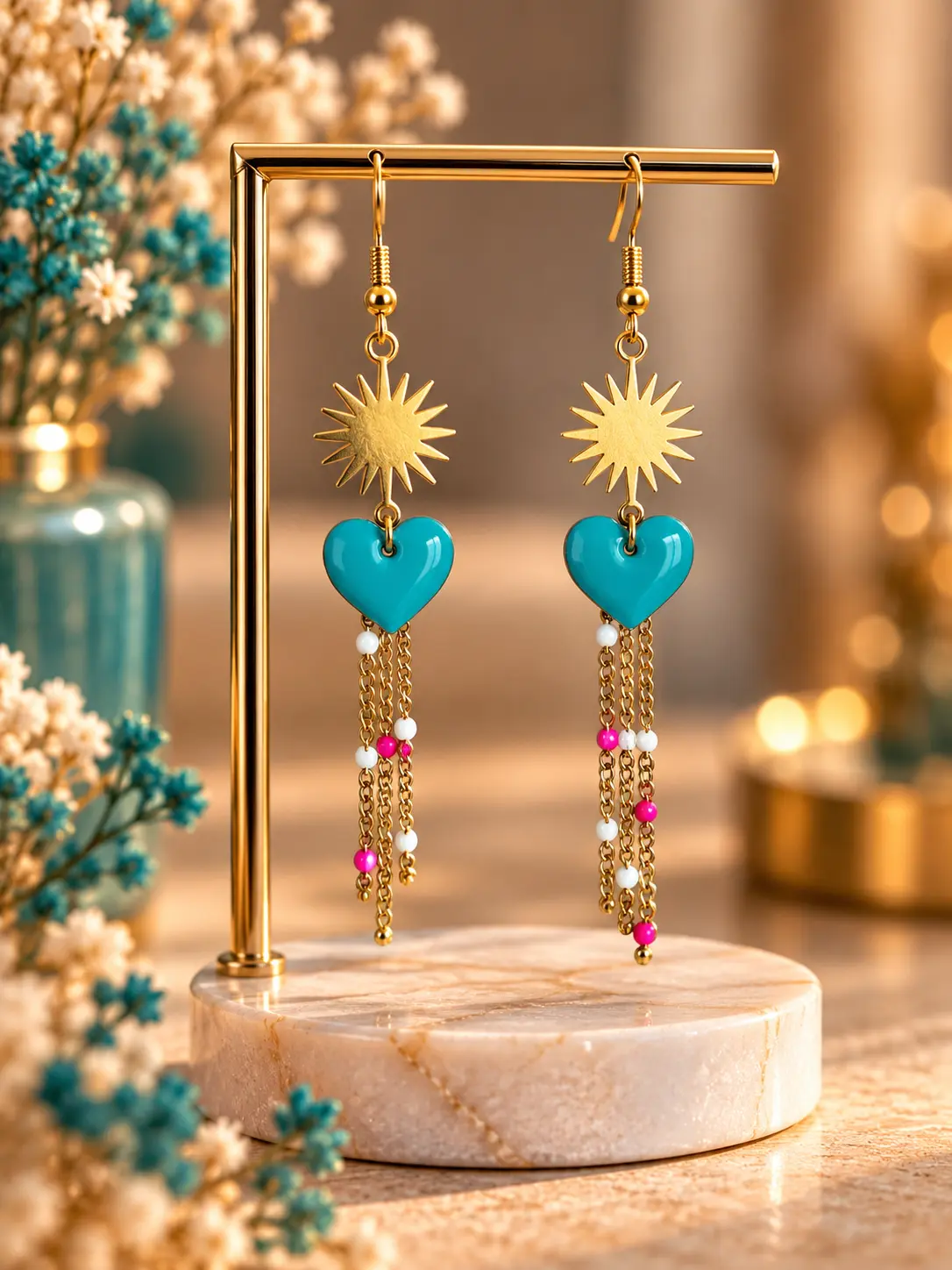 Boucles d'oreilles Soleil Cœur Turquoise faites main par Camille Fraise