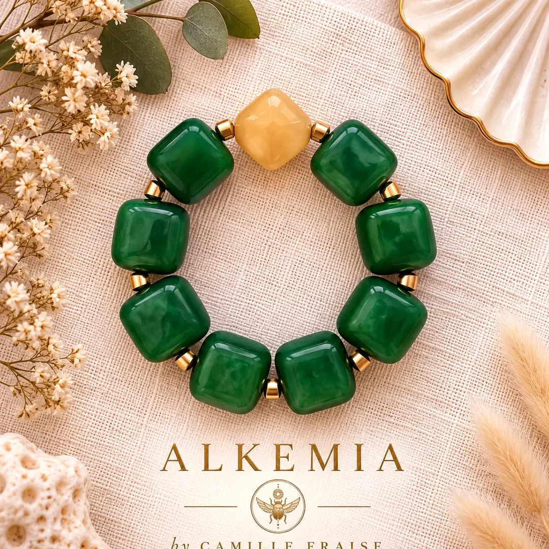 Bracelet de perles vert sapin avec une perle safran et séparateurs dorés, sur lin écru