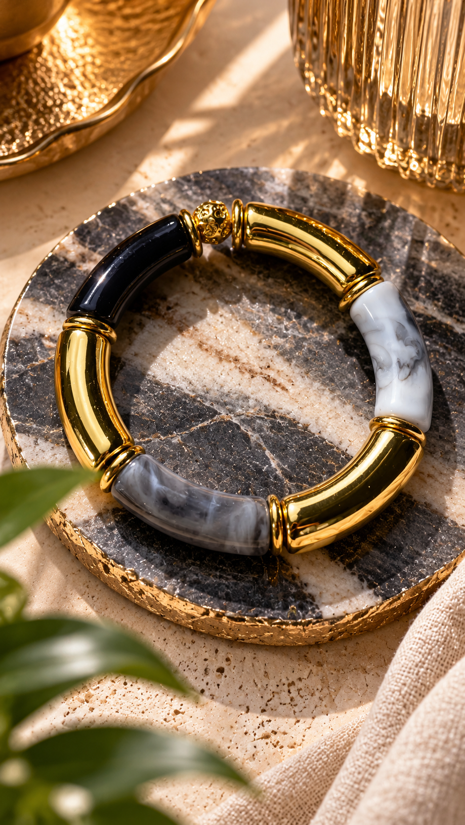 Bracelet Marbre Noir & Blanc grand modèle, bijou fantaisie Alkemia fait main à Lyon