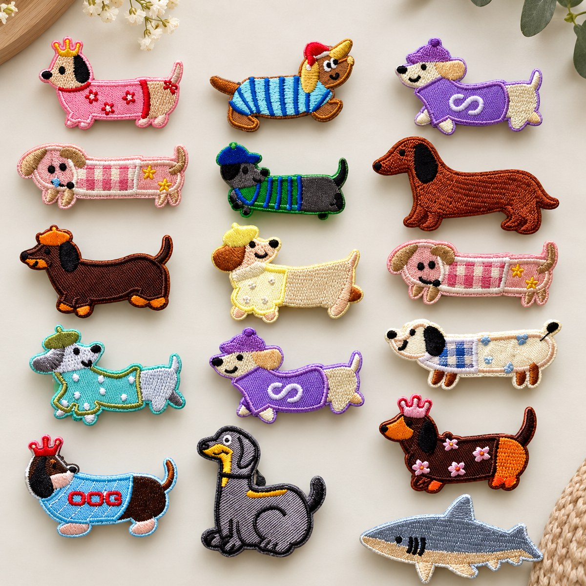 Broches teckels brodés habillés d'un pull, d'un béret ou d'une couronne, collection Animaux