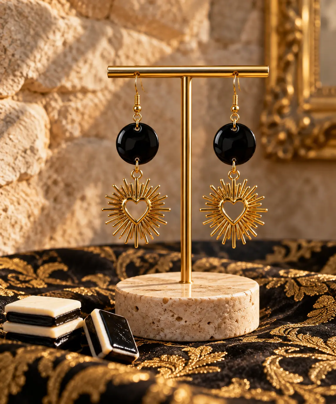 Boucles d'oreilles Cœur Rayonnant Noir & Or faites main par Camille Fraise