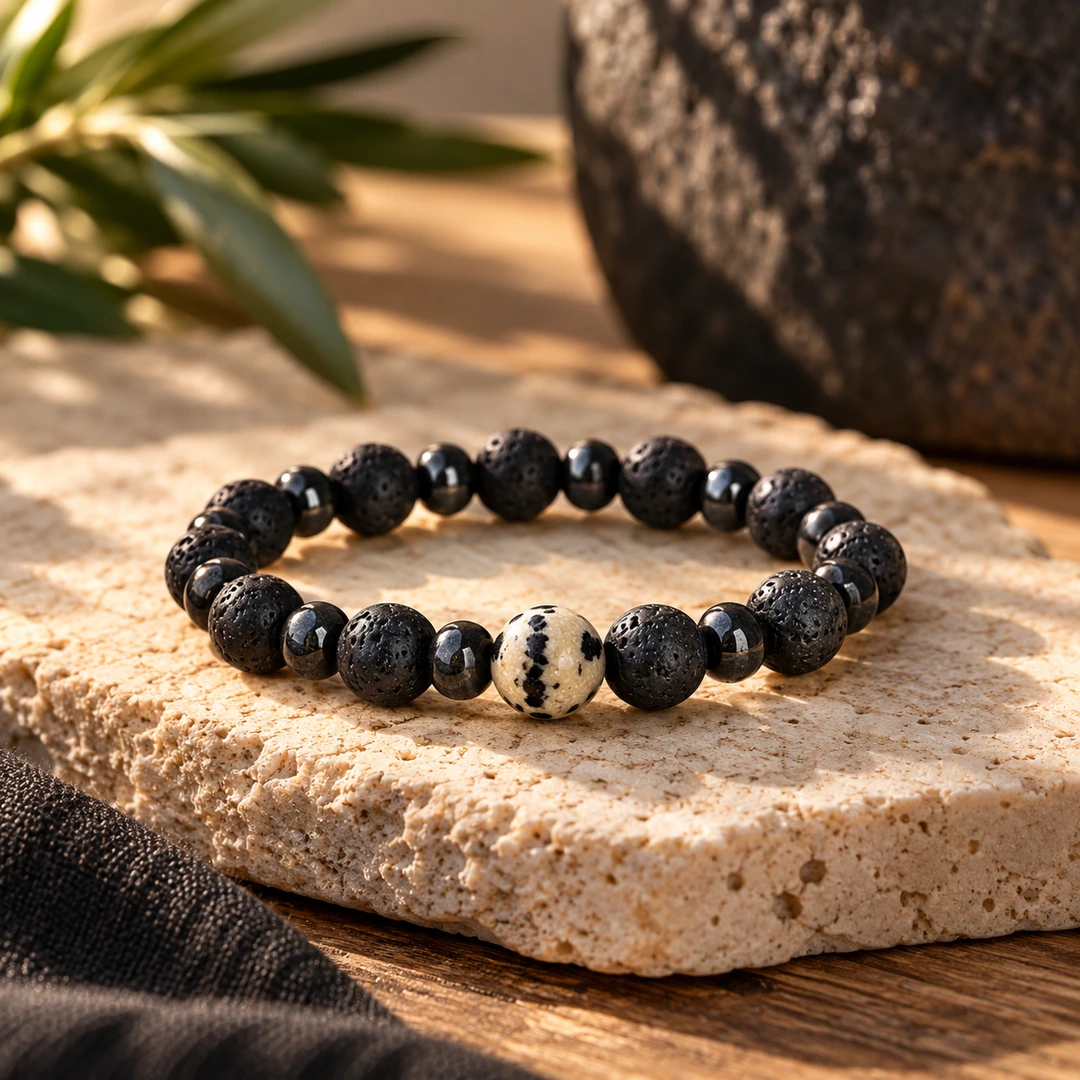 Bracelet homme Alkémia noir en lave et hématite avec une perle de jaspe dalmatien