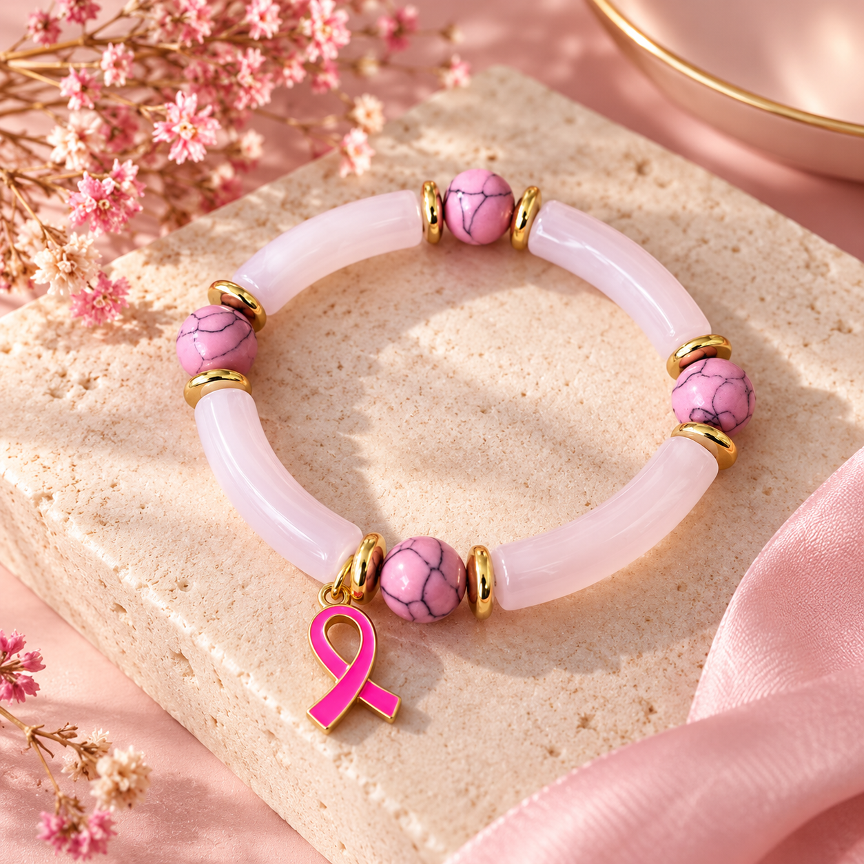 Petit bracelet Octobre Rose rose pâle avec ruban rose, Alkemia fait main à Lyon