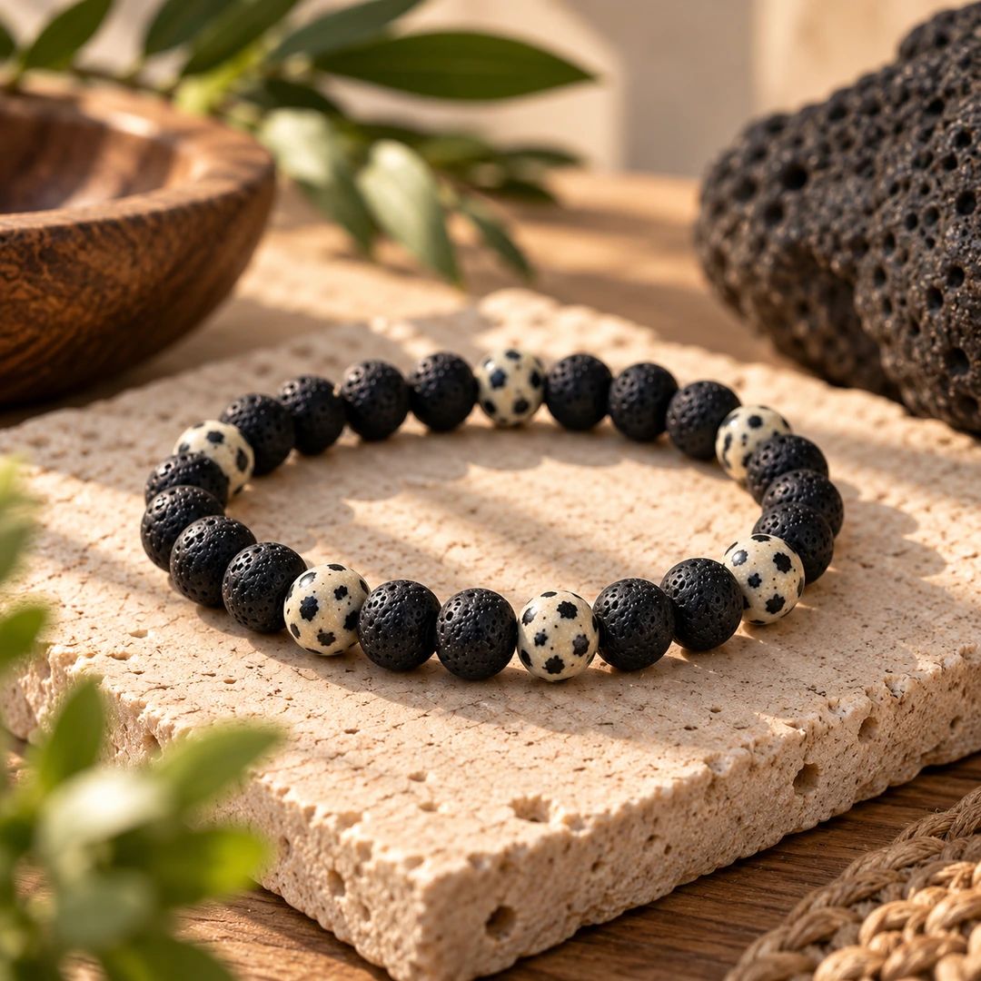 Bracelet homme Alkémia en pierre de lave, jaspe dalmatien et perles de bois