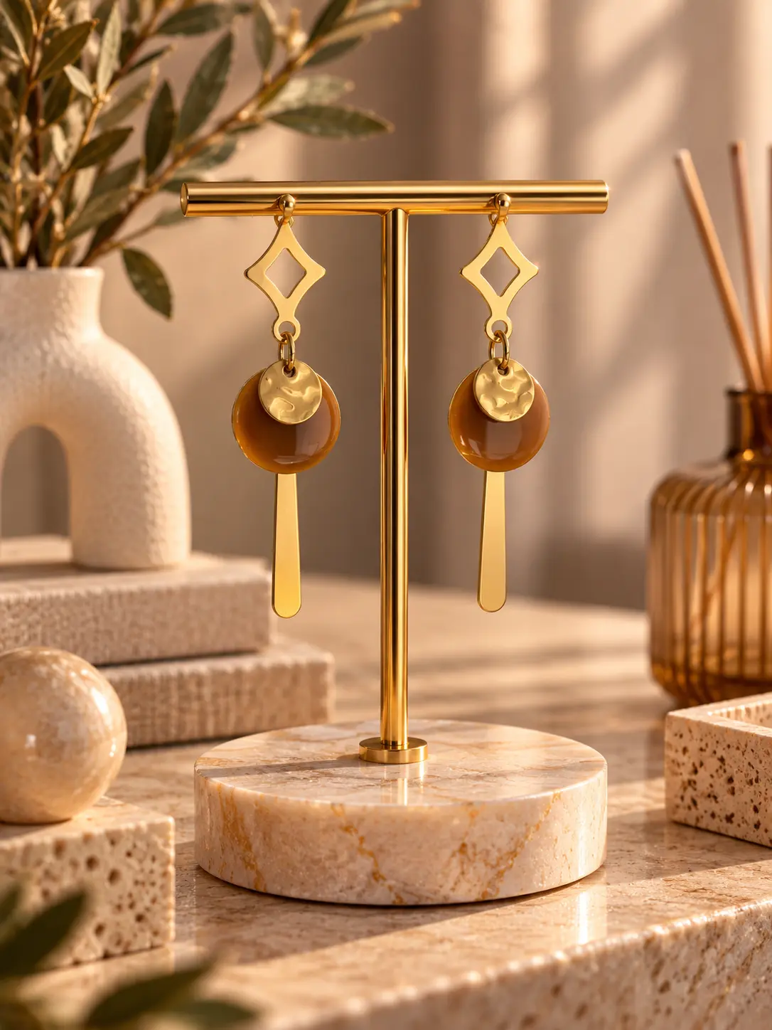 Boucles d'oreilles Losange Caramel faites main par Camille Fraise