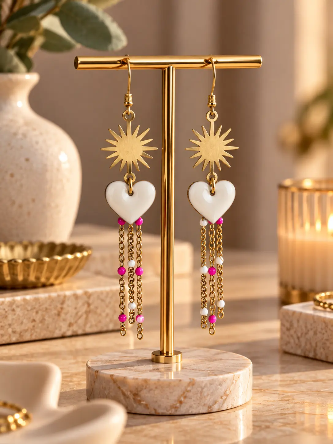Boucles d'oreilles Soleil Cœur Perlé faites main par Camille Fraise