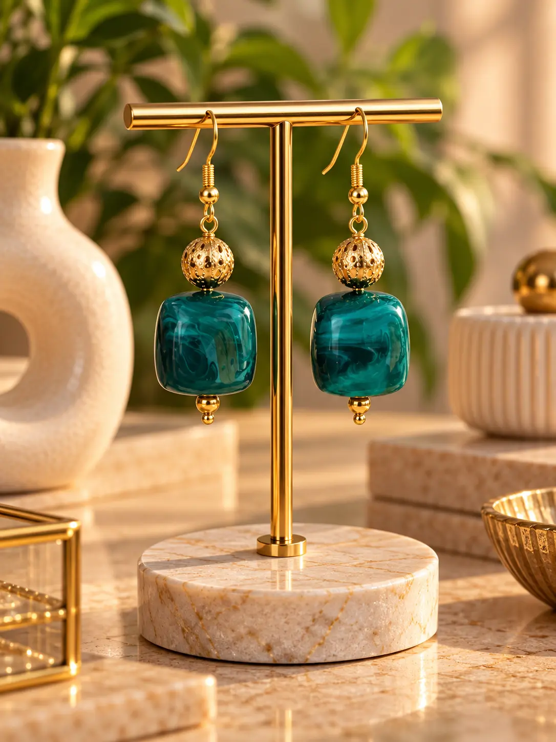 Boucles d'oreilles Cube Vert Malachite faites main par Camille Fraise