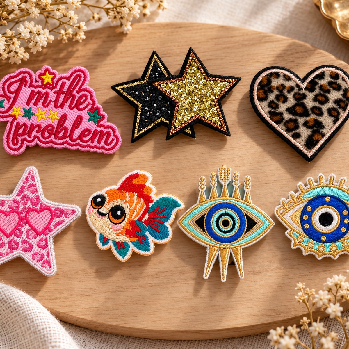 Sept petites broches brodées — étoiles pailletées, cœur léopard, poisson et yeux porte-bonheur — sur un plateau en bois