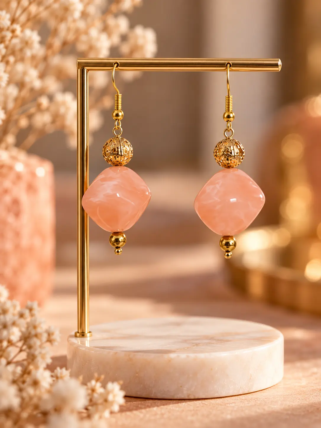 Boucles d'oreilles Quartz Rose & Filigrane faites main par Camille Fraise