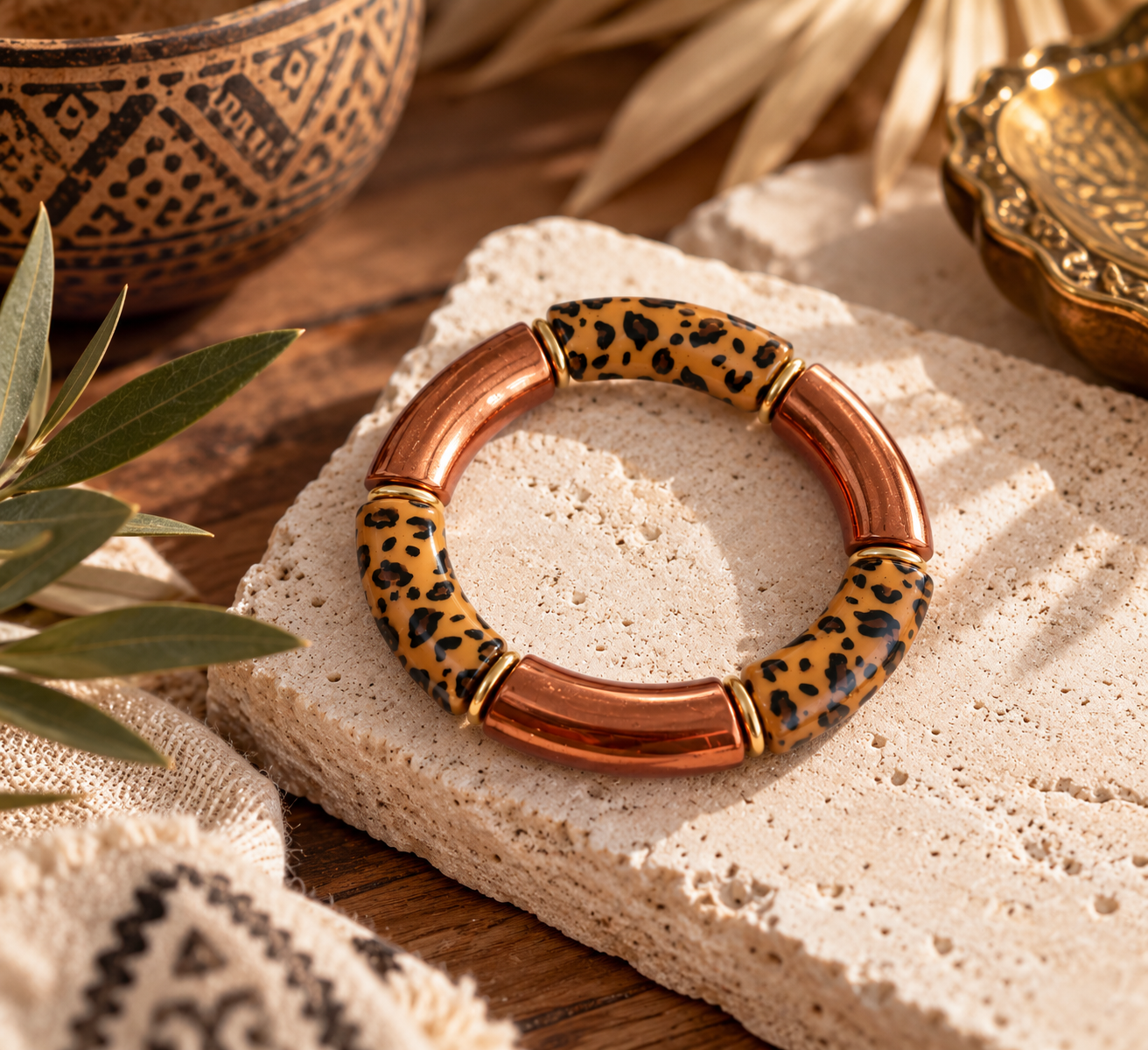 Bracelet Bohème Cuivré et Léopard grand modèle, bijou fantaisie Alkemia fait main à Lyon