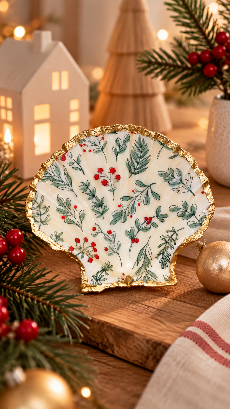 Coquille Saint-Jacques décorée de feuillages verts et de baies rouges sur fond ivoire, bordure dorée, mise en scène pour les fêtes de Noël.
