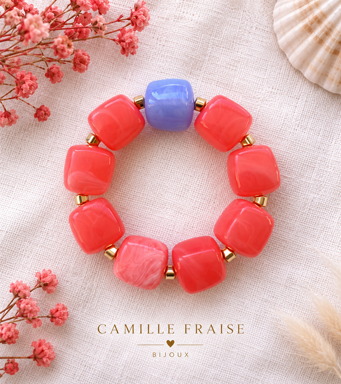 Bracelet femme corail et lavande signé Camille Fraise