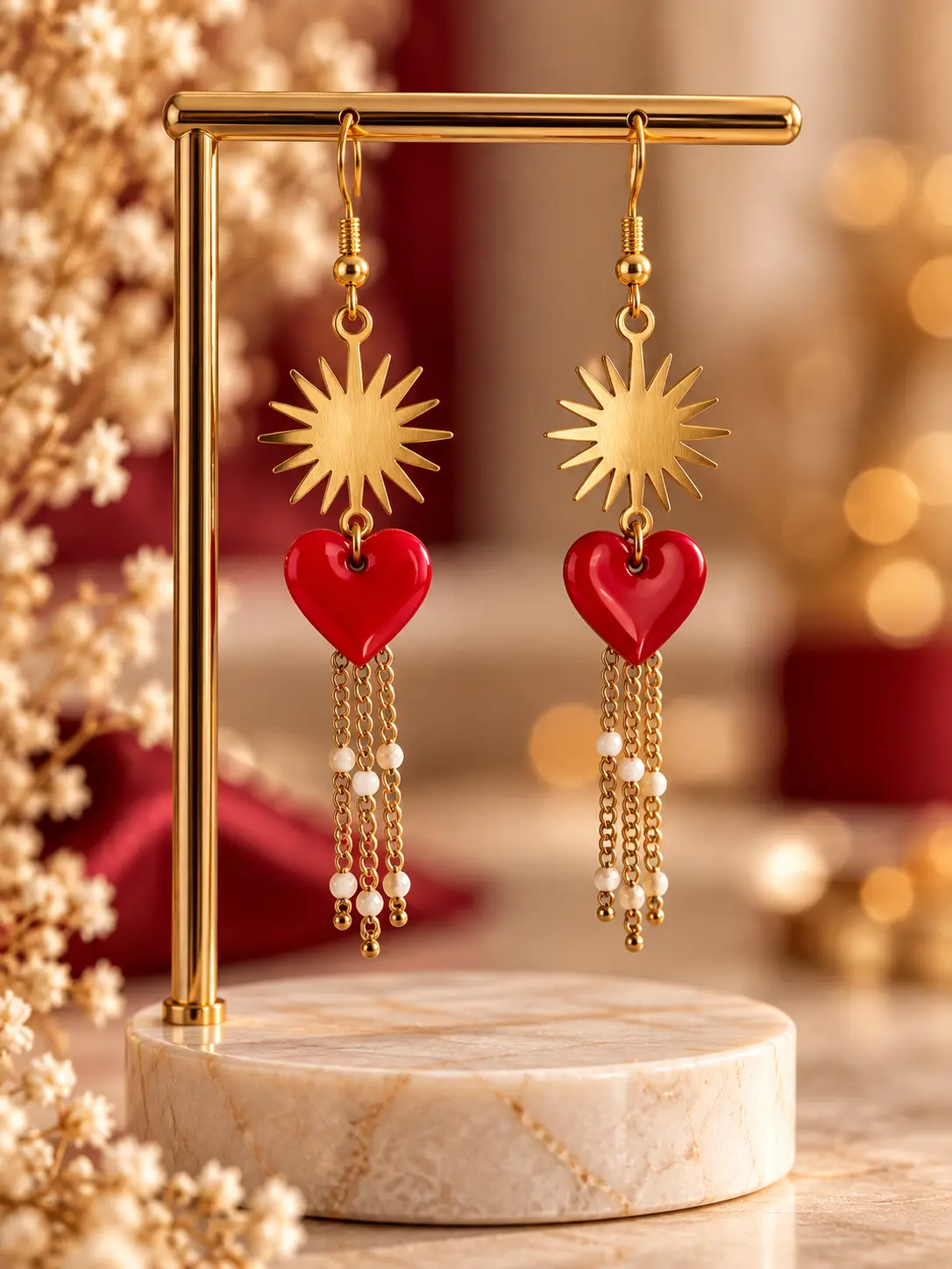 Boucles d'oreilles Soleil & Cœur Rouge faites main par Camille Fraise
