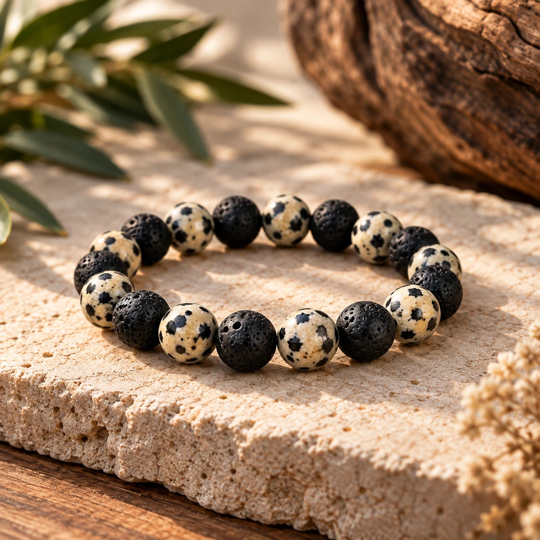 Bracelet homme Alkémia en pierre de lave noire et jaspe dalmatien