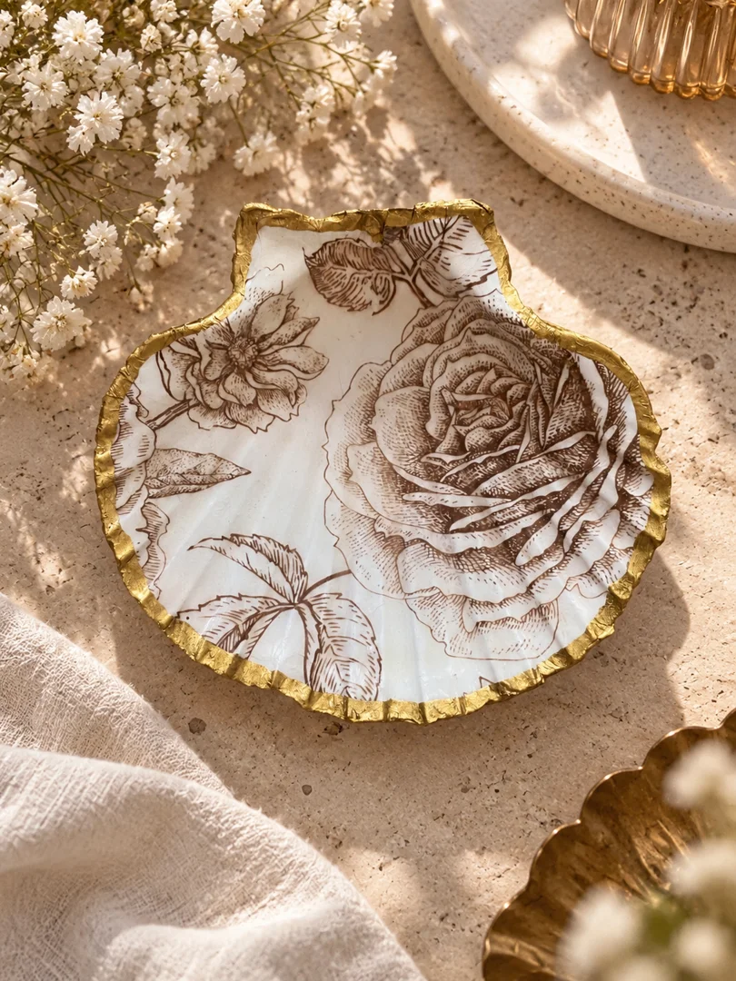 Coquille Saint-Jacques ornée de roses dessinées en sépia, bordure dorée à la feuille, posée sur un fond clair avec des fleurs blanches et du lin.