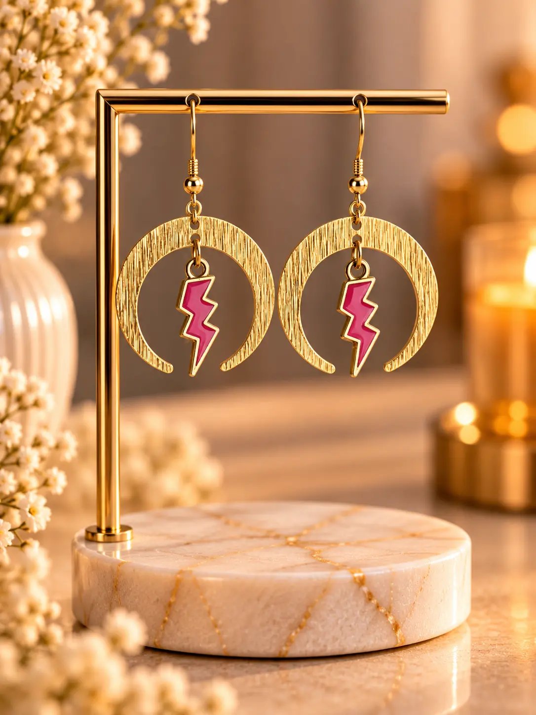 Boucles d'oreilles Croissant & Éclair Rose faites main par Camille Fraise