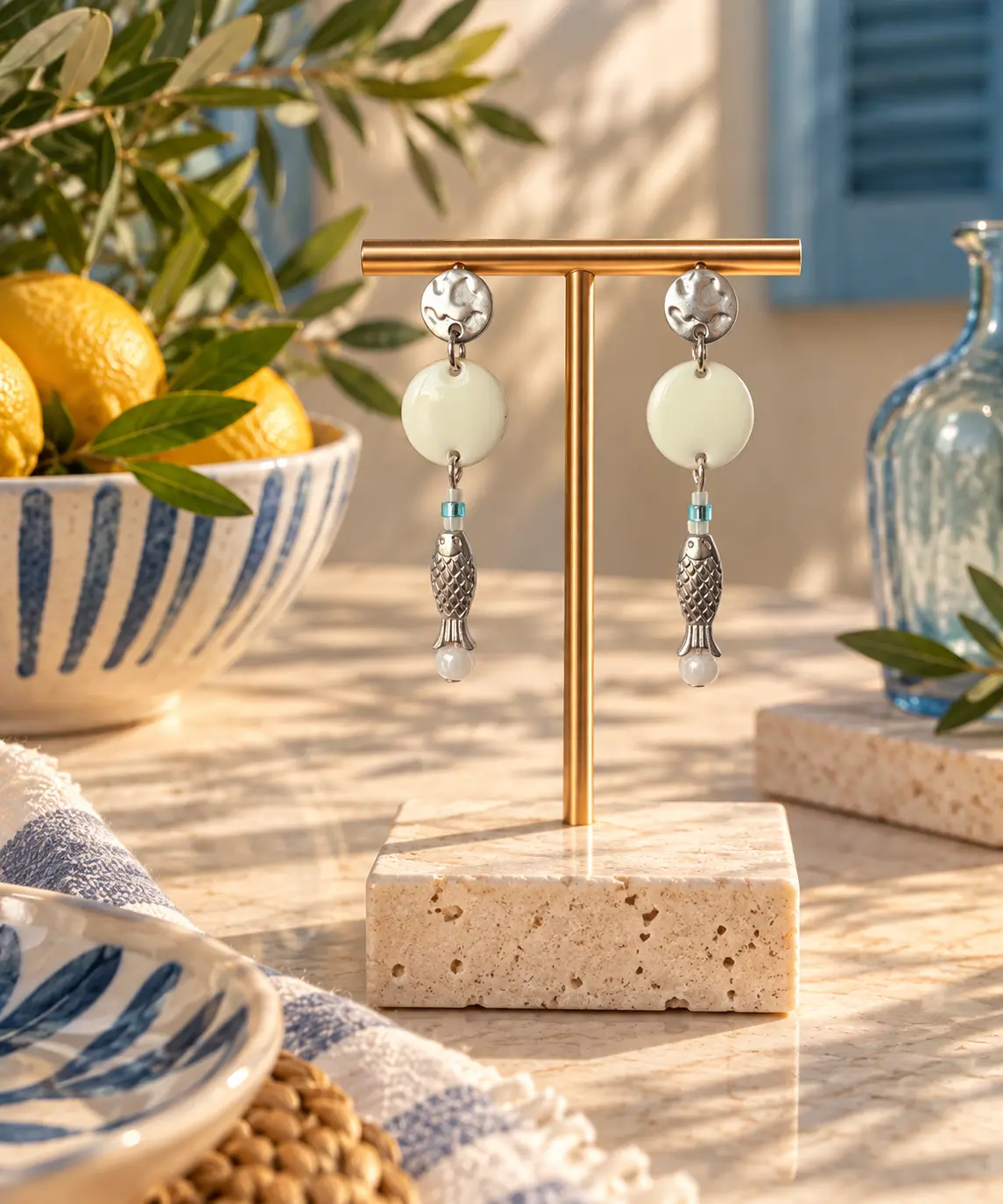 Boucles d'oreilles Poisson Méditerranée Ivoire faites main par Camille Fraise