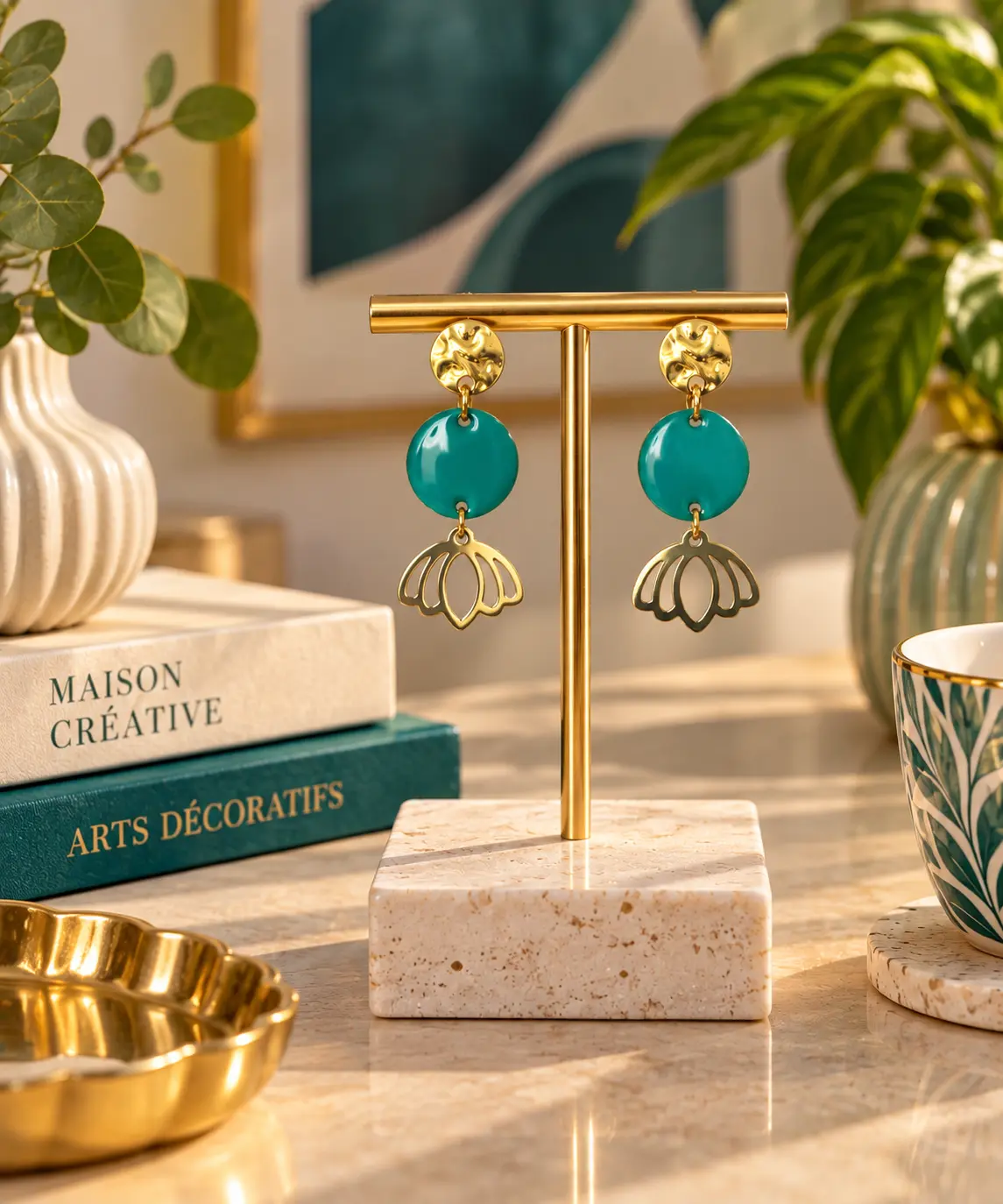 Boucles d'oreilles Lotus Teal faites main par Camille Fraise