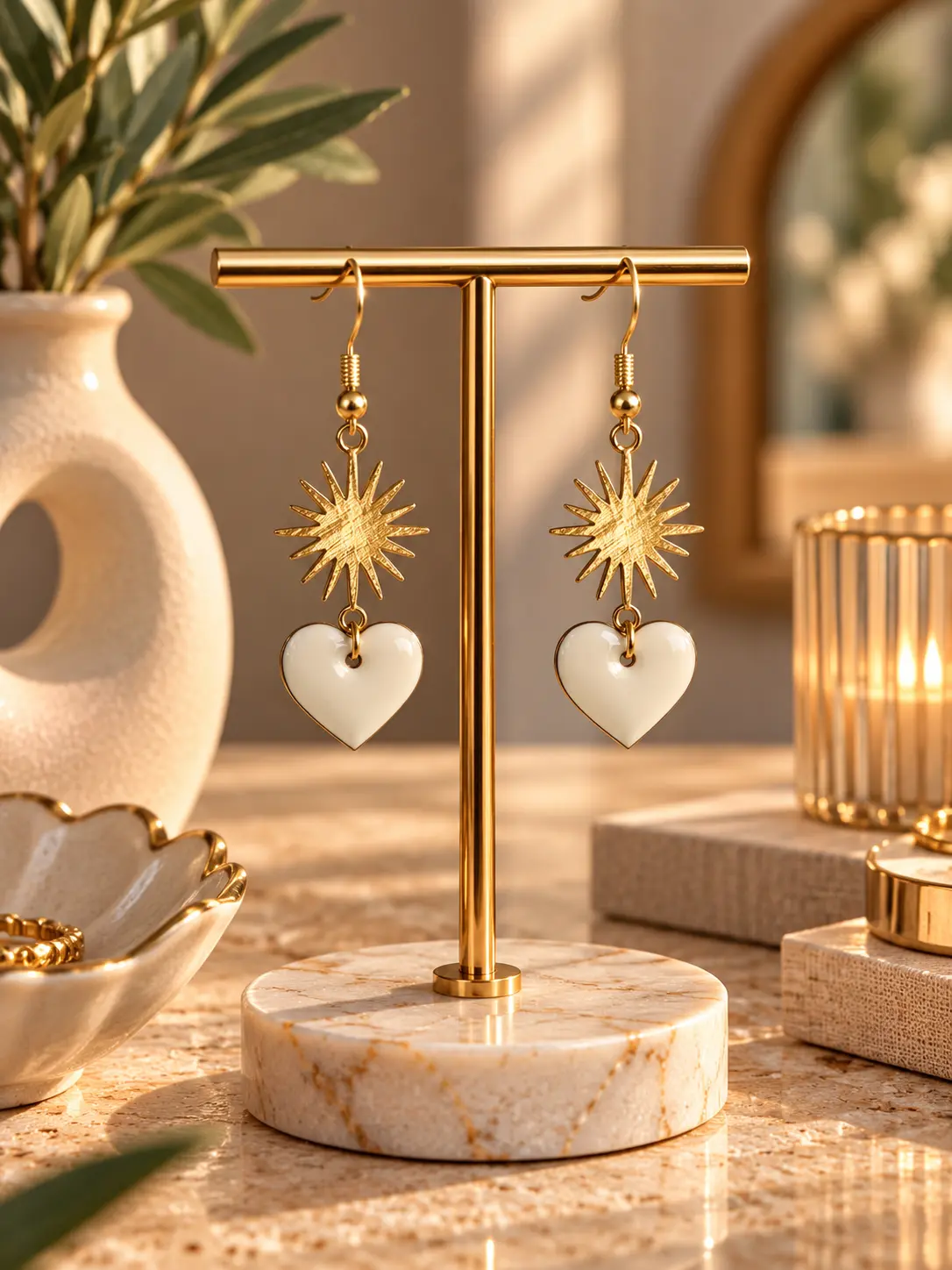 Boucles d'oreilles Soleil Cœur Ivoire faites main par Camille Fraise