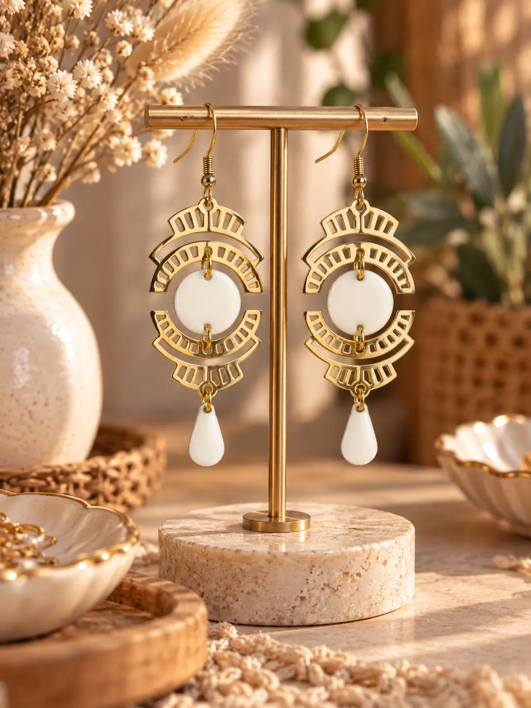 Boucles d'oreilles Art Déco Ivoire faites main par Camille Fraise