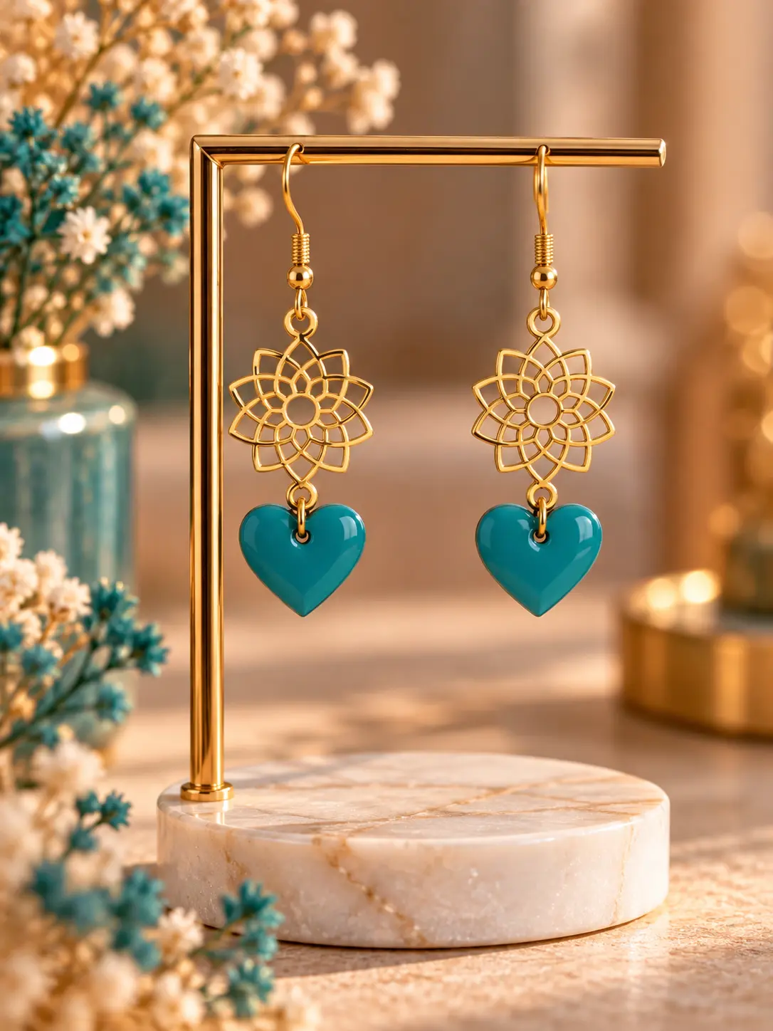 Boucles d'oreilles Cœur Turquoise & Mandala faites main par Camille Fraise