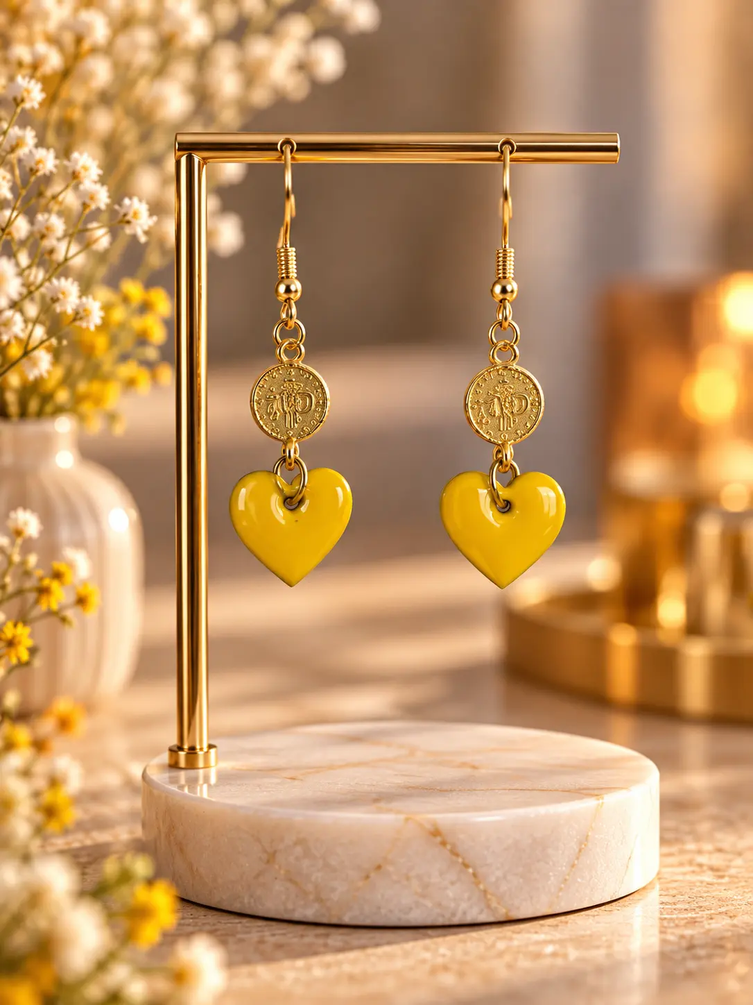 Boucles d'oreilles Médaille & Cœur Jaune faites main par Camille Fraise
